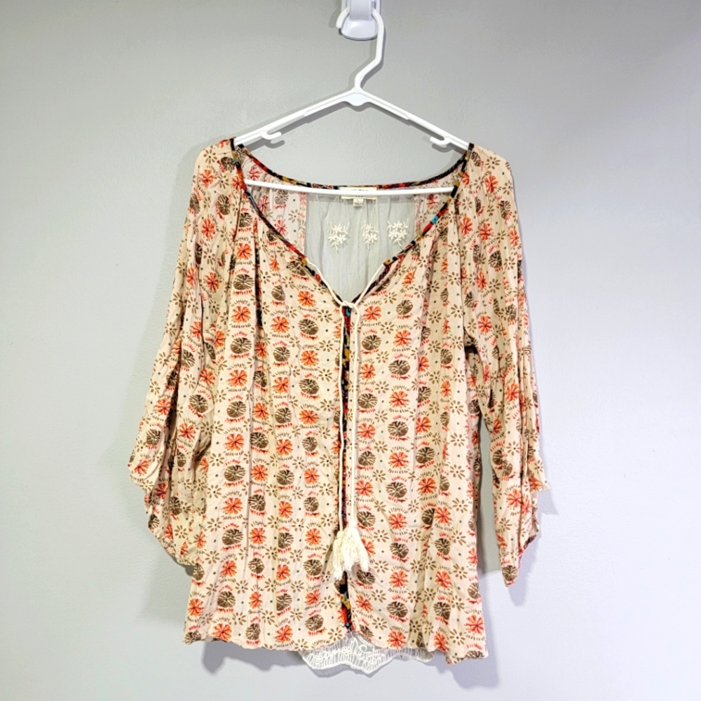 Umgee Mesh Back Lace Floral Print Peasant ‎ Top Tassel Multicolor Large